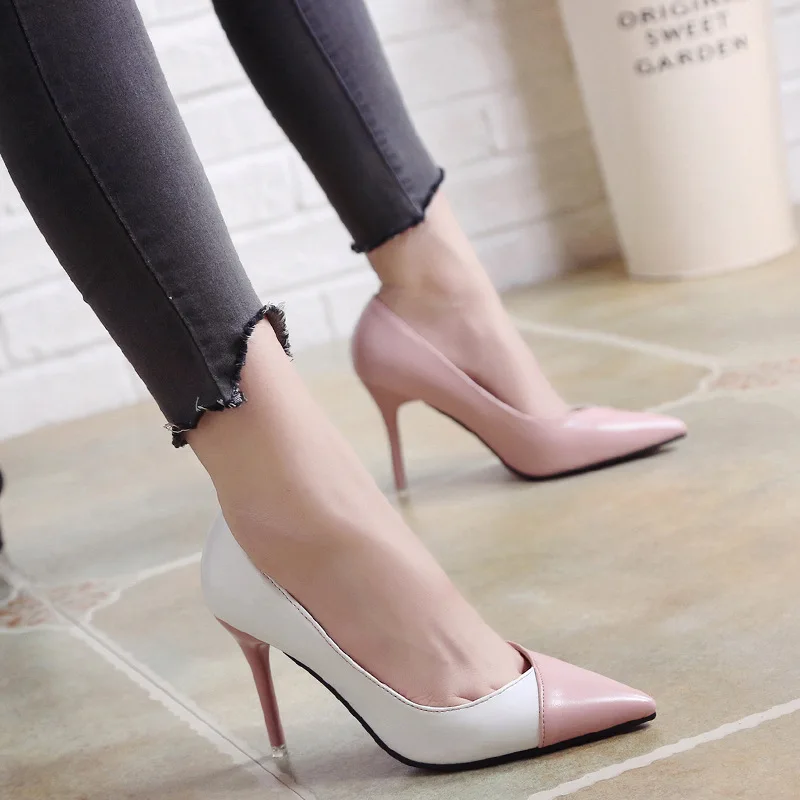 

2022 Women's Pumps OL Fashion Spell Color High Heels Single Shoes Female Spring Summer Patent Leather Wedding Party Shoes Woman