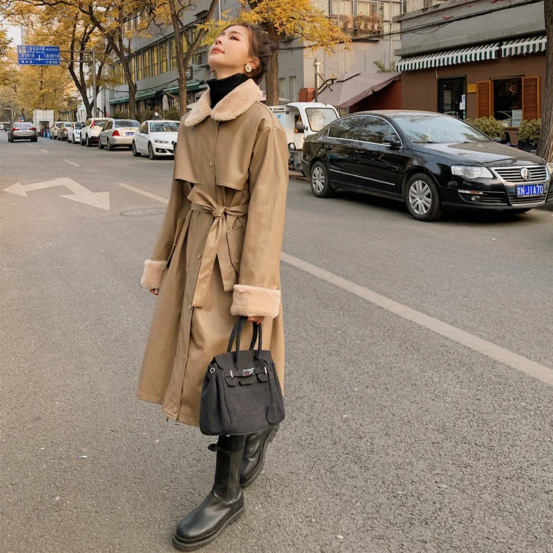 Winter Motorcycle Coat Lamb Wool Parker Cotton Coat Cashmere Thickened Leather Coat Women
