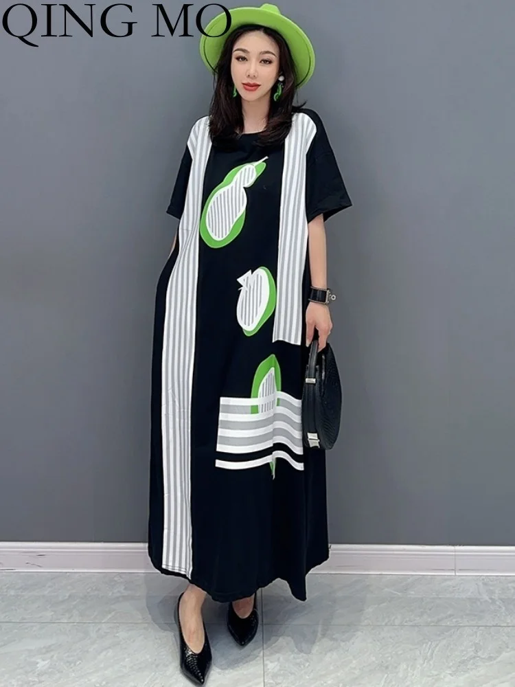 

QING MO 2023 Summer New Korean Casual Print Women Dress Reduce Age Loose Fit Fashion Show Slim Dress Half Sleeve ZXF2799