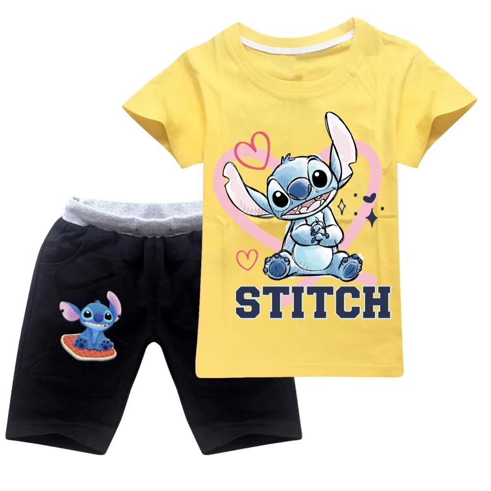 

Kids Disney Stitc Anime Toddler Boy Clothes 2023 Summer Cotton Short Sleeve T Shirt +pants birthday Costume Girls Tops Set
