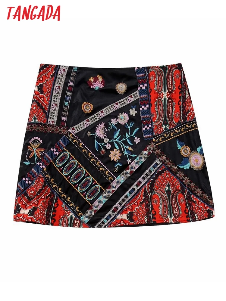 

Tangada Women Fashion Embroidery Mini Skirt Vintage High Waist Side Zipper Female Skirts BE301