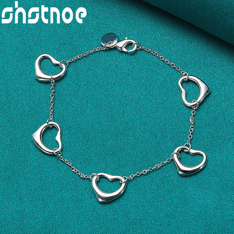 

SHSTONE 925 Sterling Silver Cute Five Heart Chain Charm Bracelet For Women Engagement Wedding Birthday Gift Lady Fashion Jewelry