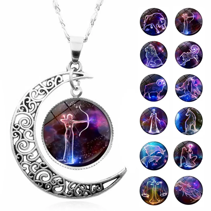 

Collar con colgante de luna creciente de cristal para mujer, cadena de 12 Constelaciones, signos del zodiaco, cabujón, clavícula