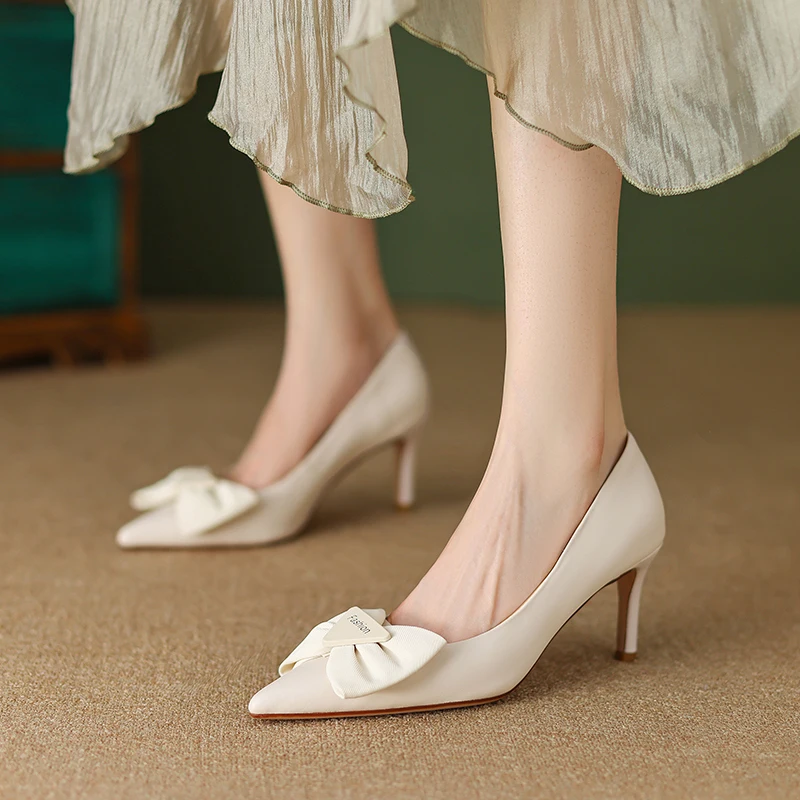 

Женские туфли с бантом-бабочкой, белые туфли-лодочки ручной работы на тонком высоком каблуке, весна 2023