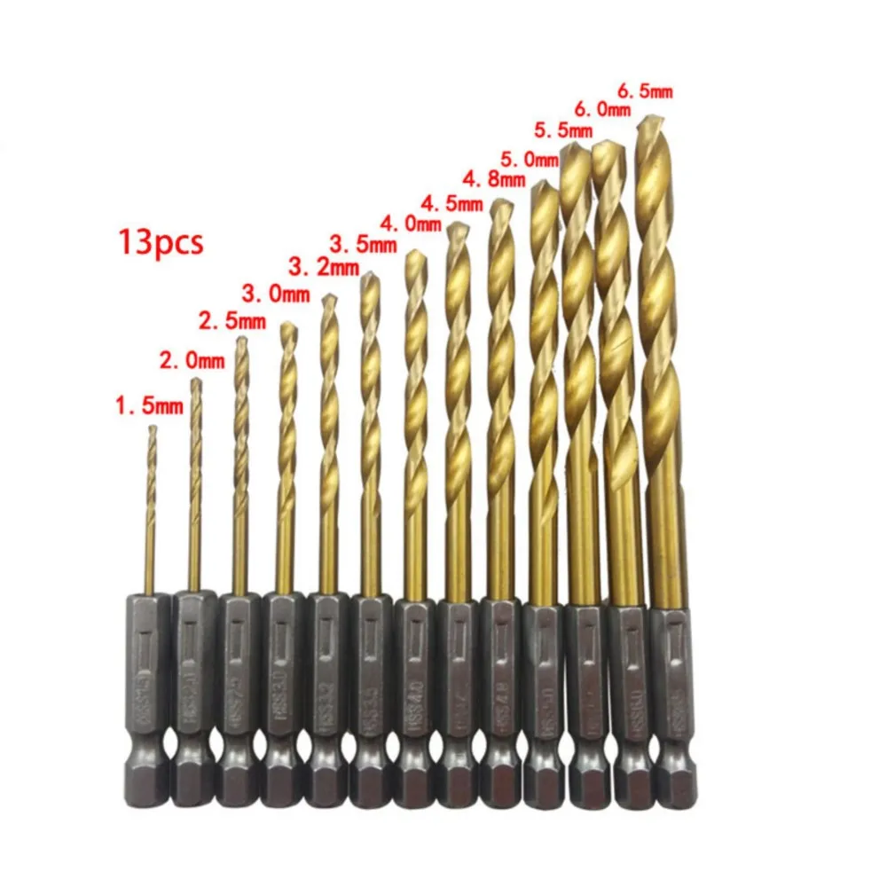 13pcs HSS Drill Bit For Metal Titanium Coated Twist Drill Set 1.5 ~ 6.5mm with 1/4