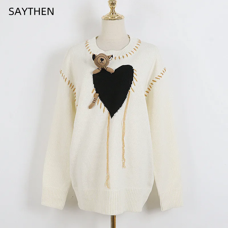 

Свитер SAYTHEN Женский, Осень-зима 2022, Корейская версия, толстый Свободный пуловер в виде кукольного медведя с круглым вырезом ST22924