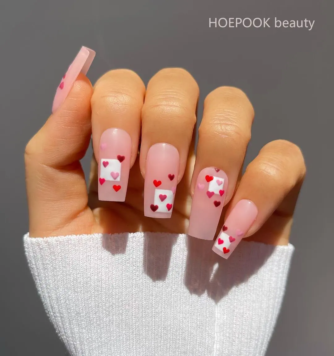

24pcs Pink Red Heart Short T Reusable False Nails Art Full Coverage Waterproof Fake Nails Removable Press On Nail Set Decoration
