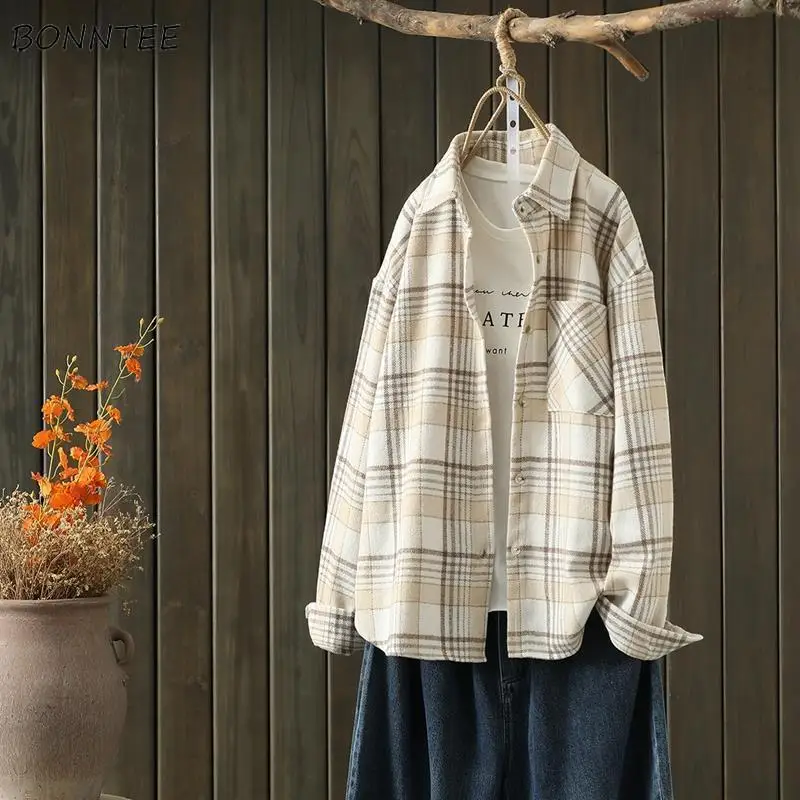 Рубашки женские в клетку винтажные повседневные универсальные однобортные