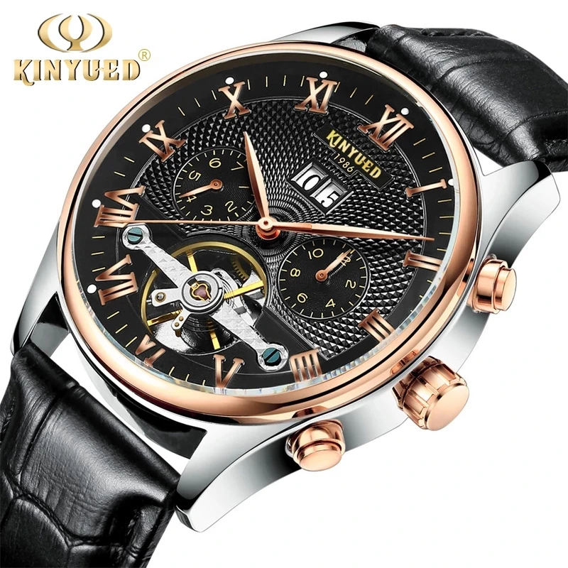

KINYUED Men Skeleton Tourbillon Mechanical Watch Automatic Classic Rose Gold Leather Strap Wrist Watches for Men Reloj Hombre