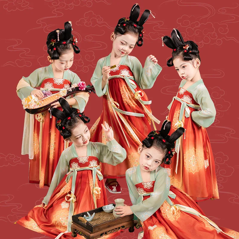 

Детские китайские народные танцевальные костюмы Hanfu для девочек, костюм Тан, традиционное платье для косплея, сценические наряды, костюм дл...