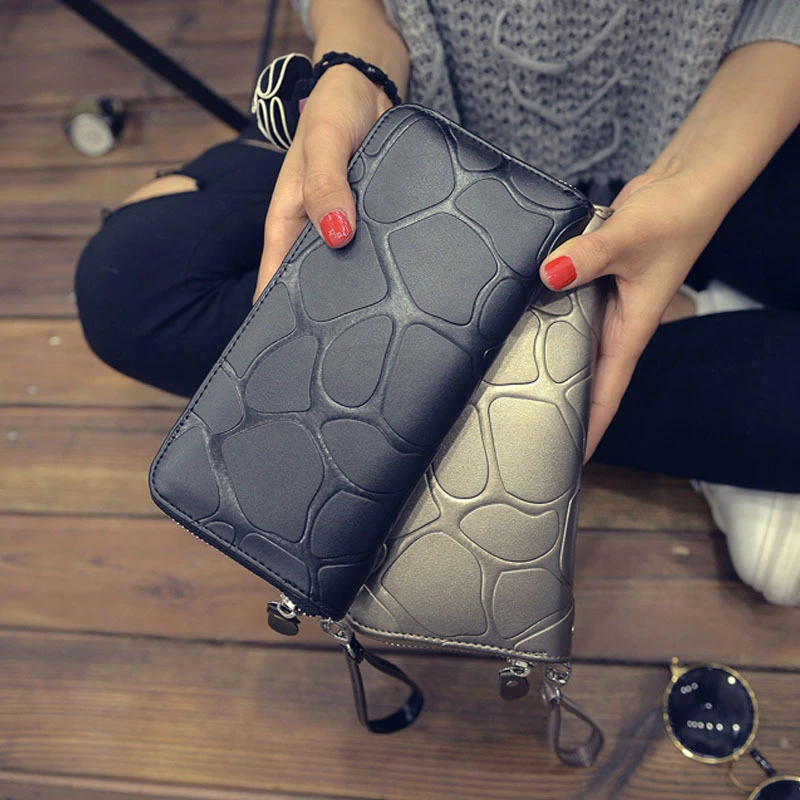 

Retro Women Long Stone Print Wallets Female Pu Leather Zipper Solid Color Coin Purse Ladies High Capacity Card Holder Clutch Bag