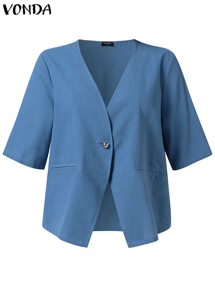 VONDA Summer Tops Fashion 2023 Women Blazer Short Sleeve Solid V-Neck Cotton Blusas Tunic Streetwear Button Oversized