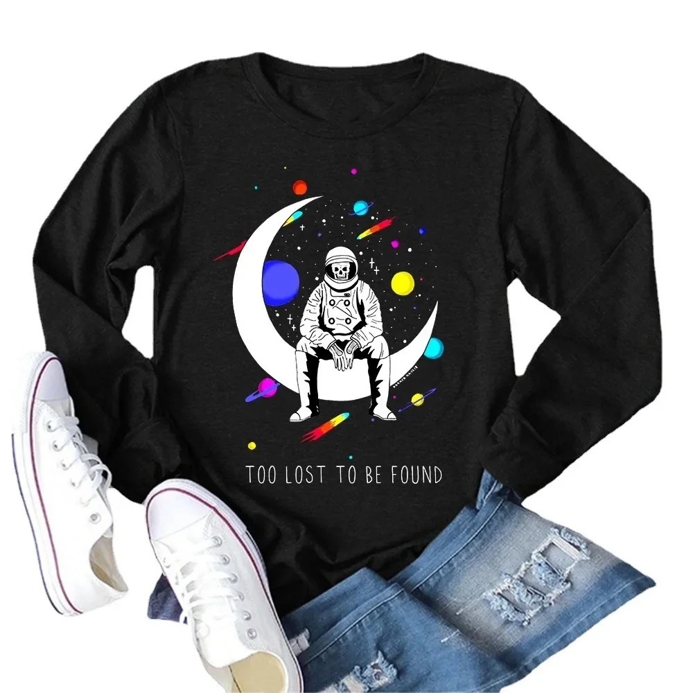 2021wish Amazon осенняя новая женская футболка с буквенным принтом и лунным астронавтом