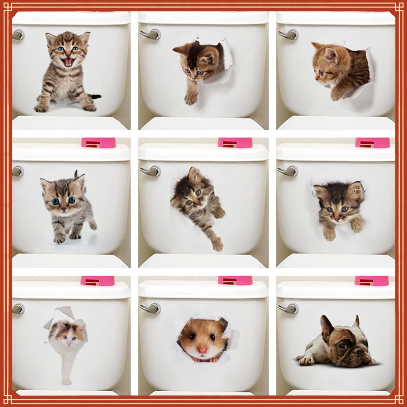 

New in Kitten Toilet Stickers Wall Decals 3d Hole Cat Animals Mural Art Home Decor Refrigerator Posters christmas decoration nav