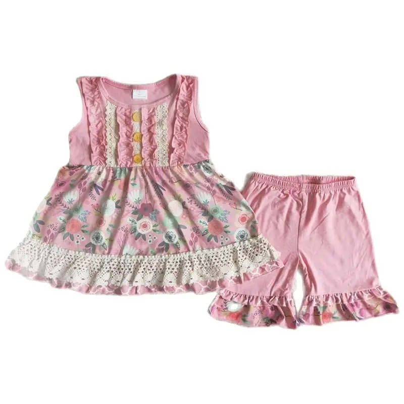 

C2-3 Kids Clothing Children Boutique Wholesale Summer Outfits Baby Girls Sleeveless Pink Floral Shorts Set
