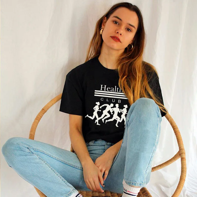 

Vintage Style Health Running Club Women Graphic Tees Black Cotton Short Sleeve Loose Tops Summer Casual Aesthetic T Shirts