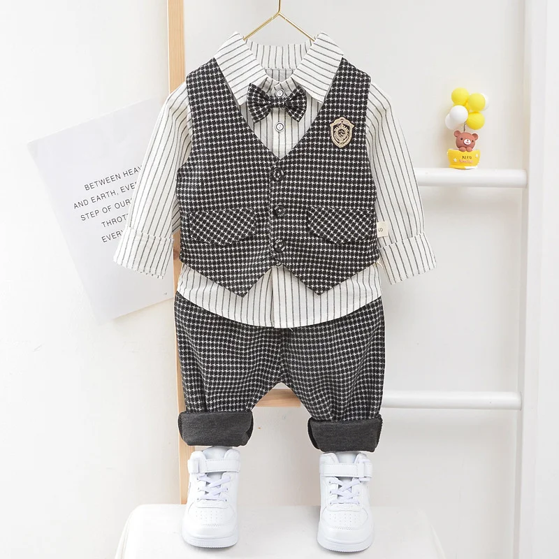 

Children Kids Gentleman Clothing Suit Birthday Wedding Party Elegant Set Baby Boy Casual Wear Striped Shirt Vest Pants Costume