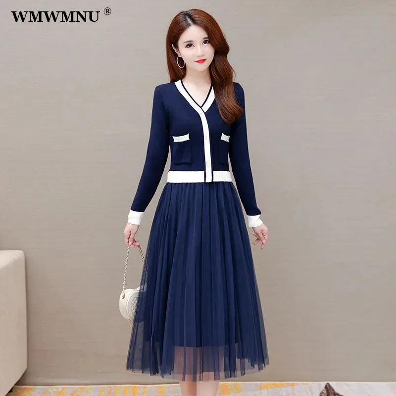 

Fake Two Piece Spliced Mesh Knitted Dress Women Fashion Korean Long Sleeve Midi A-Line Dress Vestidos De Mujer Casual Elegante