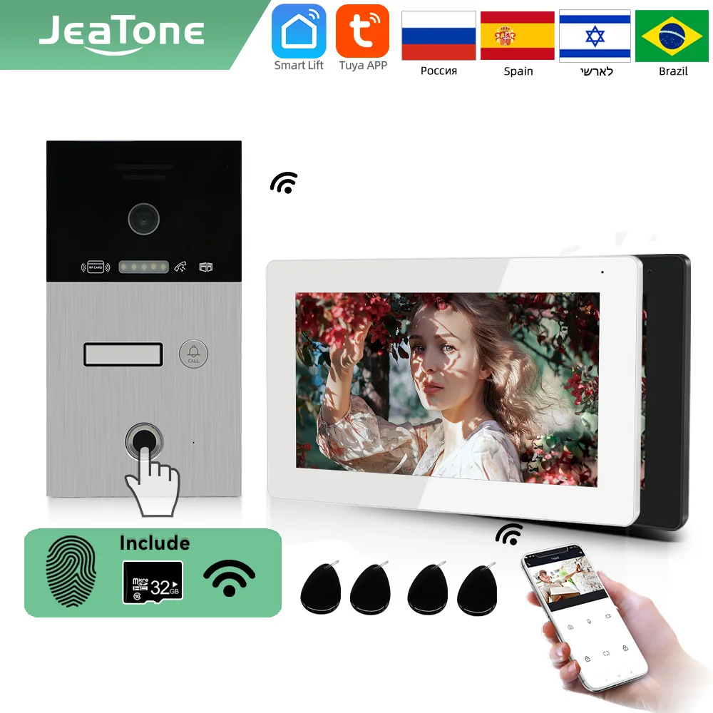 Jeatone TUYA 7” WIFI IP Video Intercom for home/ in the Apartments 1F/2F/3F security protection Doorbell Fingerprint RFIC coder