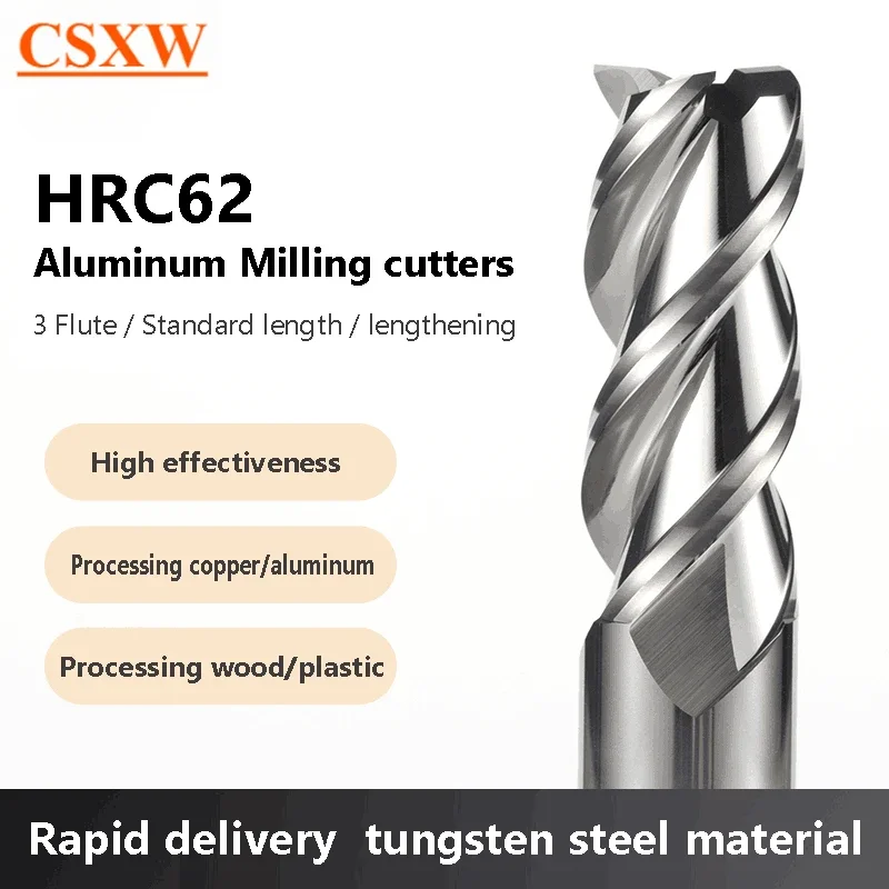 

HRC62 3-зубая фреза, твердосплавная вольфрамовая концевая фреза, инструмент с ЧПУ 6 1-20 мм для алюминия, стекловолокна, акрила, дерева, меди, пластика