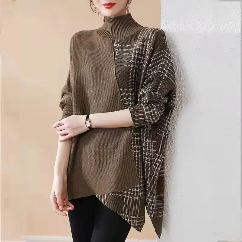 

Fashion Turtleneck Spliced Plaid Batwing Sleeve Asymmetrical Sweater Women Clothing 2022 Autumn Casual Pullovers Irregular Tops