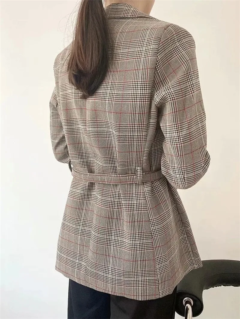 Buttonless Plaid Blazer Suit with Free Sashes 2021 Women Lace Up Office Blazers Fashion New Casual Commute Suit with Free Belt