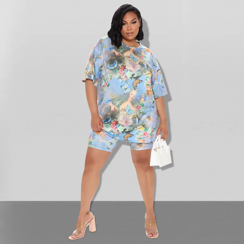 Plus Size Women's Clothing 2022 Summer New Temperament Fashion Butterfly Print T-shirt Shorts Ladies Suit XL-5XL Oversized