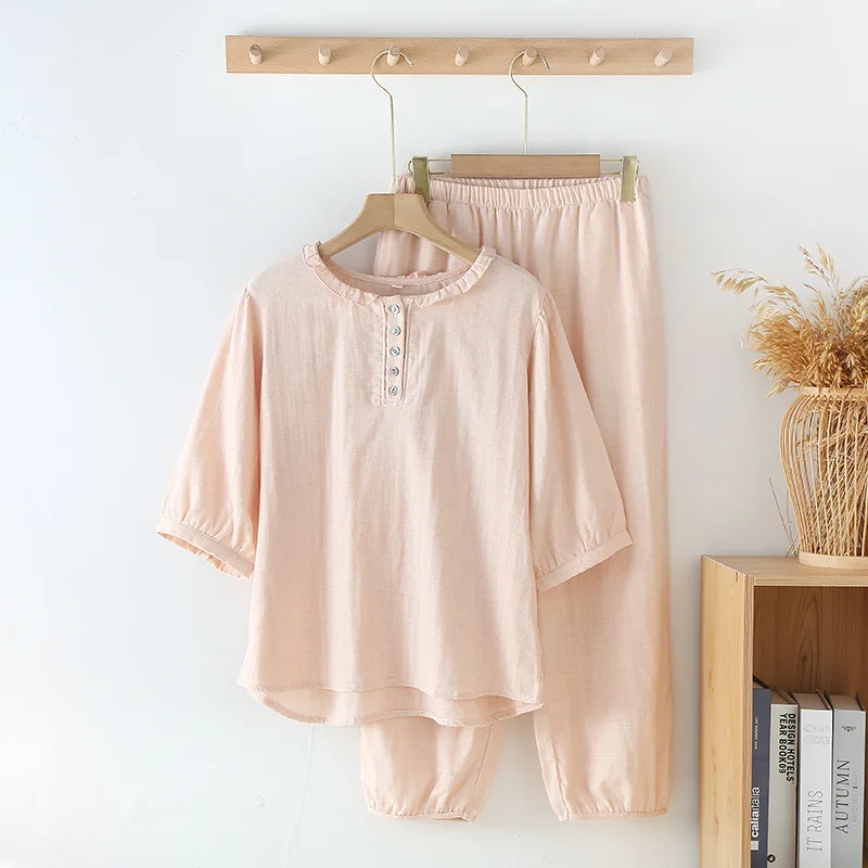 

Удобный тонкий пуловер из чистого хлопка для женщин, летний пижамный комплект с рукавом до локтя, простые укороченные штаны для дома, 2023