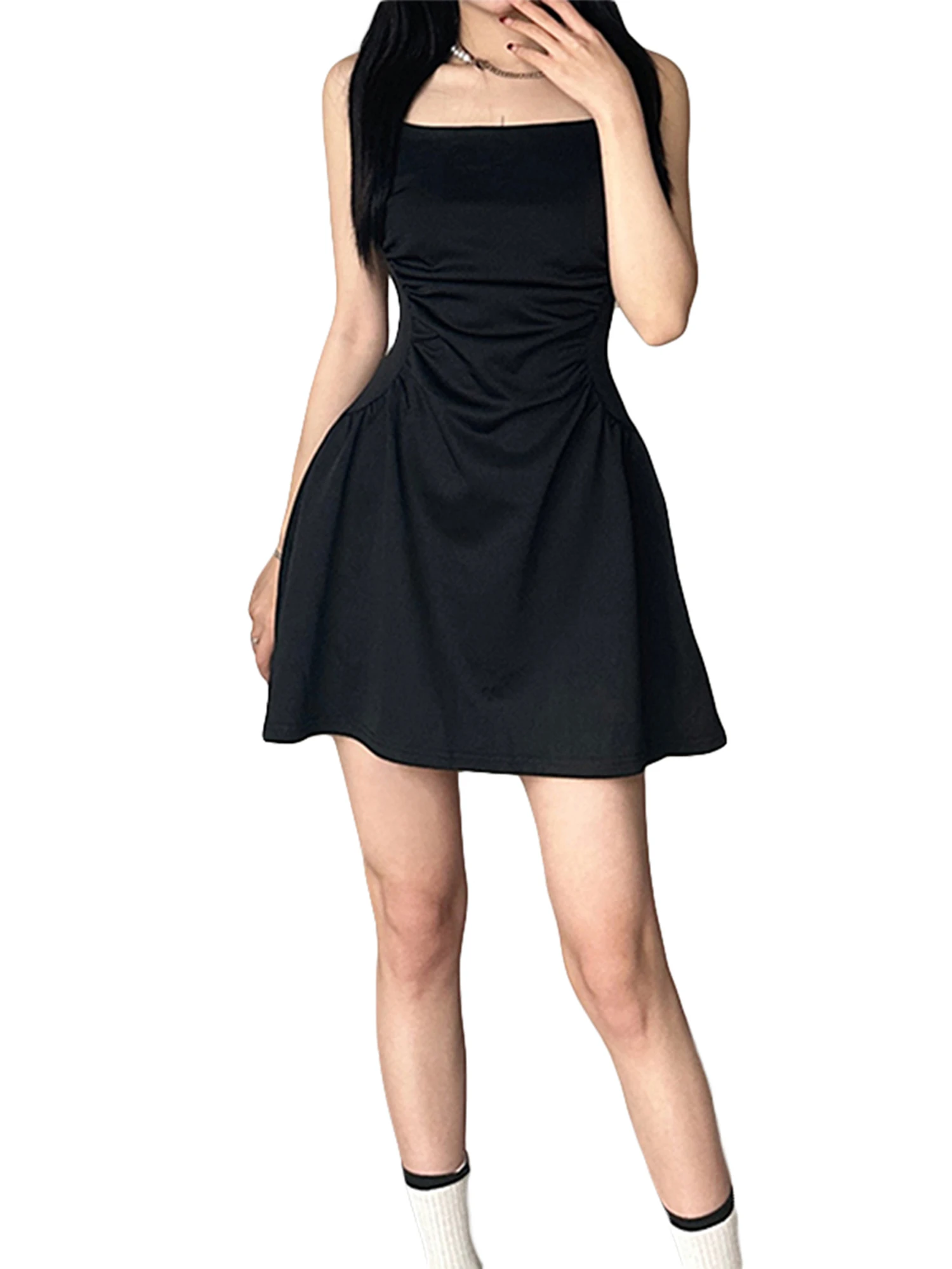 

Elegant Sleeveless Square Neck Mini Dress with Flare Hemline and Stretch Fabric for Women s Party Club Beach and Casual Wear