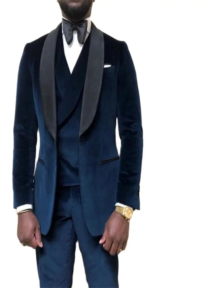 

Новое поступление, темно-синие бархатные смокинги для жениха на одной пуговице, шаль для шафера, отворот, мужские костюмы, блейзеры (пиджак + ...