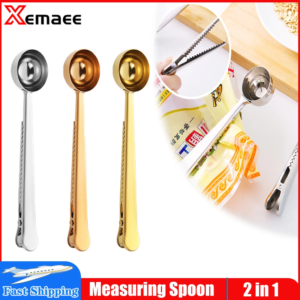 

Two-in-one Stainless Steel Coffee Spoon Measuring Spoon Milk Powder Spoon With Seal Clip Kitchen Baking Scale Spoon Accessories