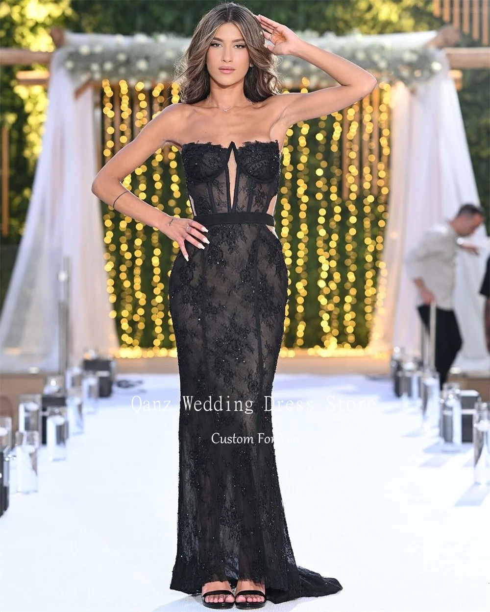 Qanz черные роскошные Выпускные платья Русалка без рукавов кружевные женские для