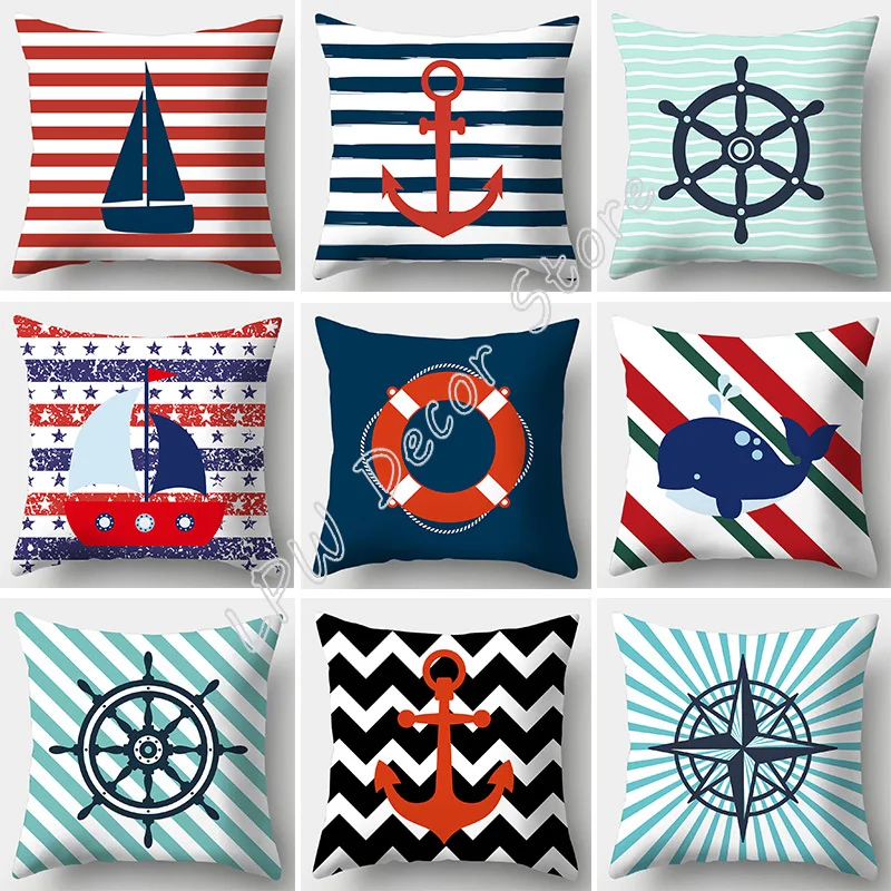

Home Decor Sailor Style Pillowcase Square Sofa Pillowcase Marine Theme Printed Cushion Cover for Bedroom Living Room 45cmX45cm