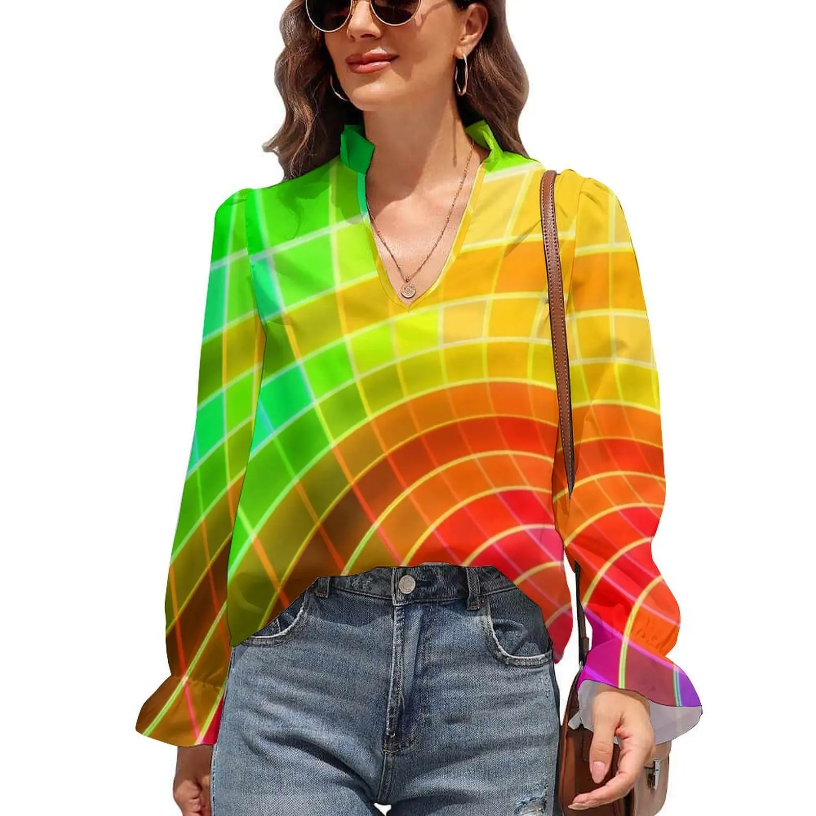 

Bright Rainbow Blouse Unique Colorful Swirl Classic Chiffon Blouses Autumn V Neck Long-Sleeve Office Work Shirt Women Print Top