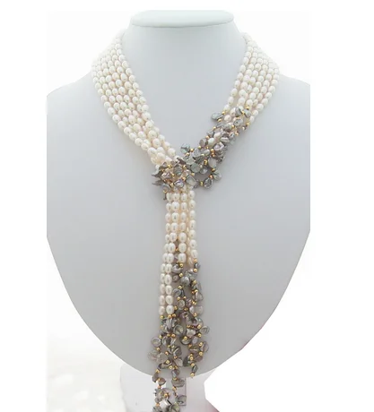 

Wholesale price new hot sell 3Strds 49" White&Grey Keshi Pearl Necklace shipping free