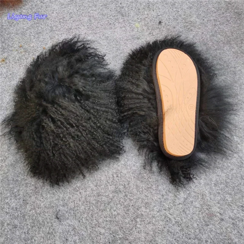 New Style Long Hair Tibetan Sheep Fur Slides Custom Color Mongolian Lamb Fur Slippers