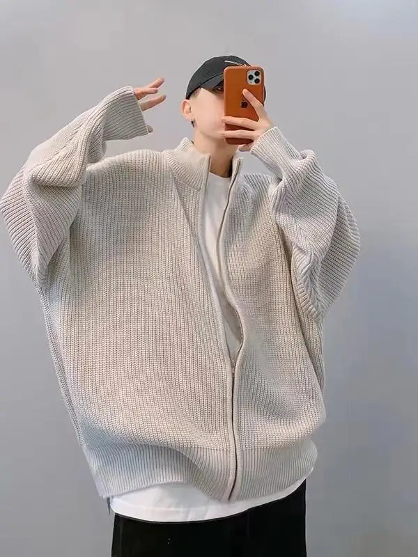 Gray Zip-up Cardigan sweater Outerwear Men's Autumn and Winter Trendy Loose Lazy Ruffle Handsome Stand Collar Sweater J...