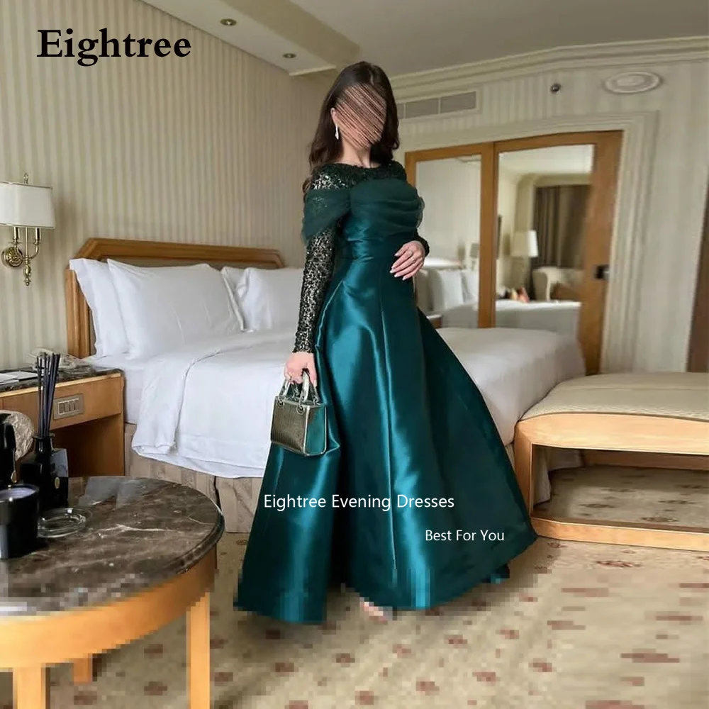 

Eightree Formal Evening Dresseses Sequined Satin Long Sleeves Dark Green Floor Length Abendkleider Dubai Vestidos De Noche 2023