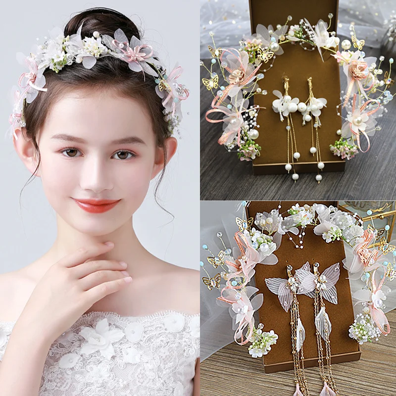 

High Quality Spring Bohemian Pearl Crowns Earring Set Bride Floral Garland Romantic Faux Rose Wedding Wreaths Flower Headband