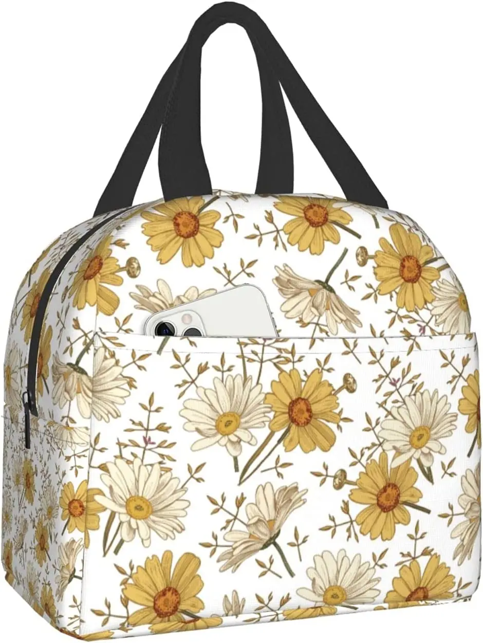 

Lunch Bag for Women Vintage Daisy Yellow Flower Insulated Lunch Box Cooler Tote for Adults Kids Men Work Office School Picnic
