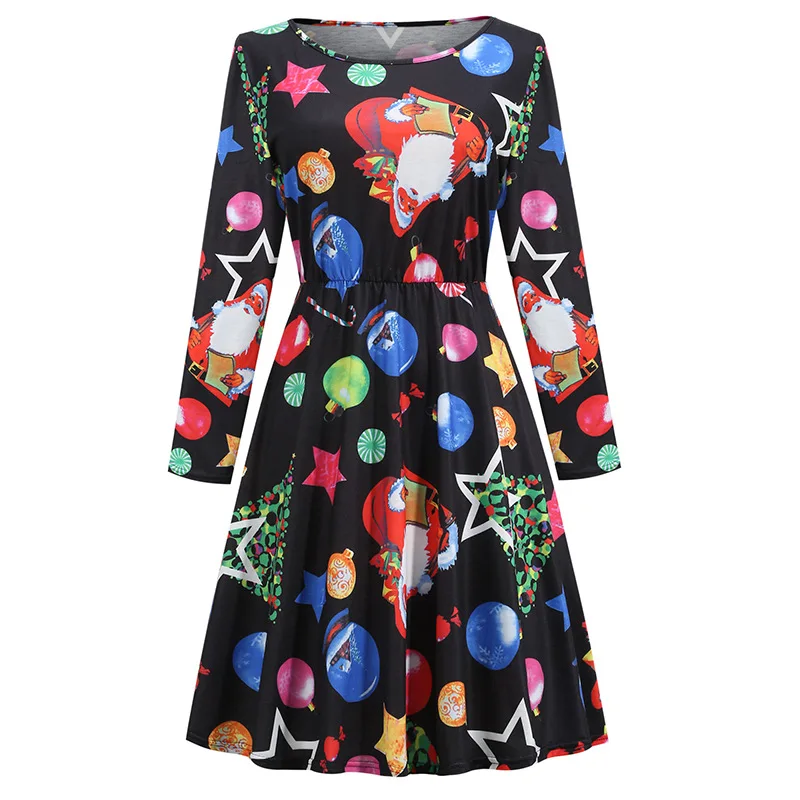 

Рождественское платье, элегантное женское платье средней длины с круглым вырезом и длинным рукавом, осенне-зимнее модное повседневное женское платье с рисунком