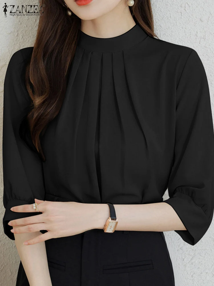 ZANZEA Woman Fashion 3/4 Sleeve Blouse Female Stand Collar Solid Color Tunic Tops Elegant Loose Blusas Mujer Casual Party Shirt