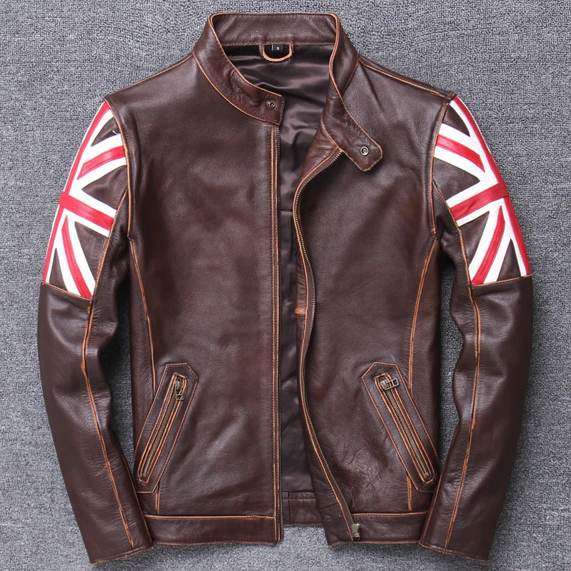 

Free shipping.Brand new handsome vintage brown genuine leather jacket.men slim quality cowhide coat.cool rider leather cloth