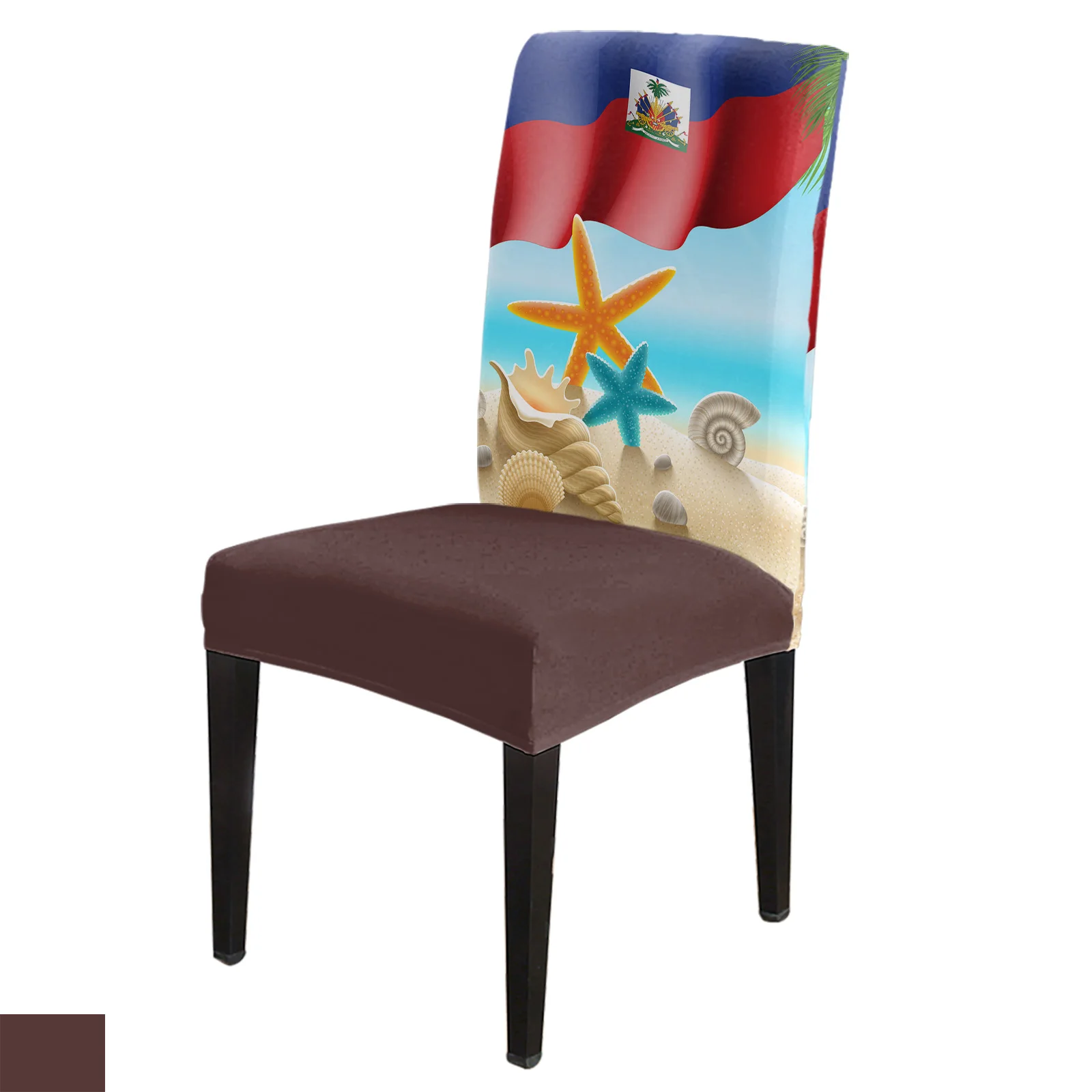

Чехол на стул с изображением флага Гаити, пляжа, морской звезды и ракушек, эластичная ткань для столовой, чехол для кресла спандекс, для офисного стула