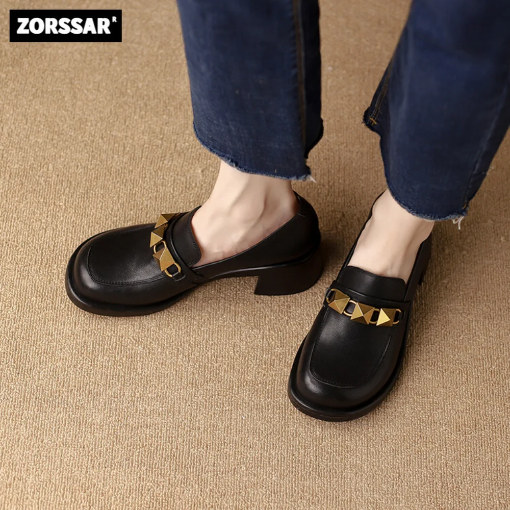 

2023 Women Pumps Summer Fashion Metal Retro Chunky heel Slip-On High Heels Natural Cow leather Career shoes Womens Low Heel