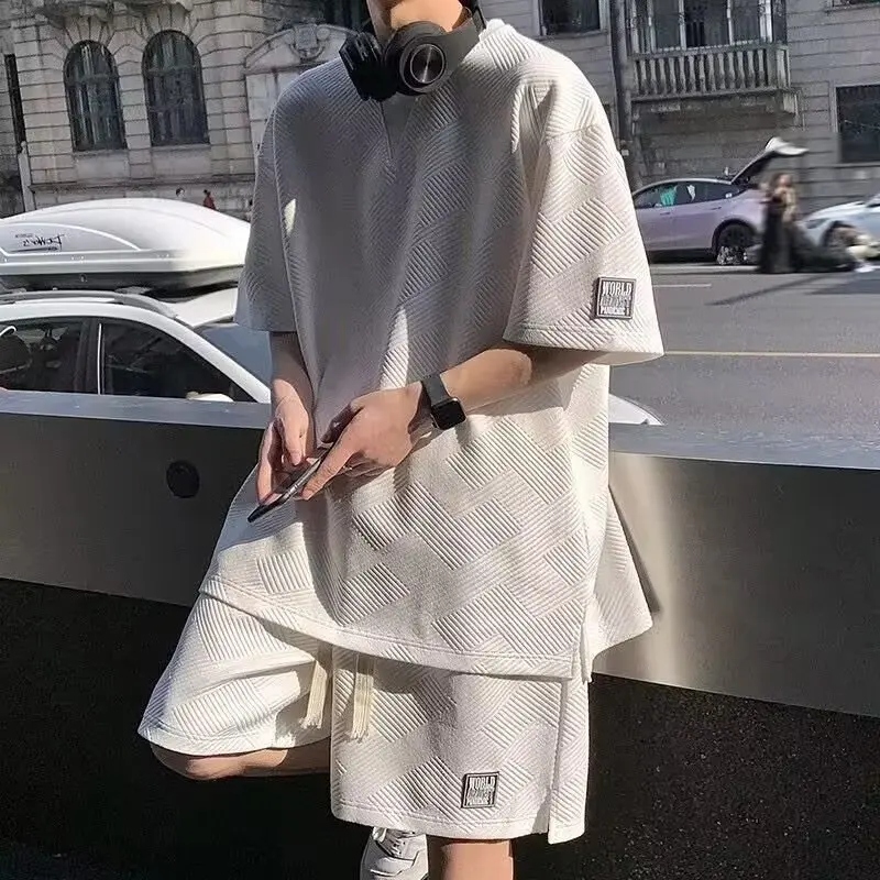 

Summer Casual Suit Men's Tide Checks Short Sleeve T-shirt Korean Streetwear Loose Tees Shirts Shorts Tracksuit Men 2 Piece Set