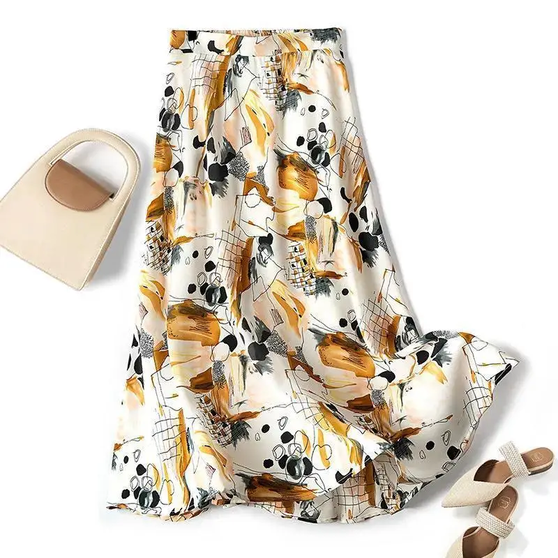 

Vintage High Waist Midi Skirt Women Retro Painting Floral Office Skirts Elegant A-Line Skirt Summer Knee Length Dresses