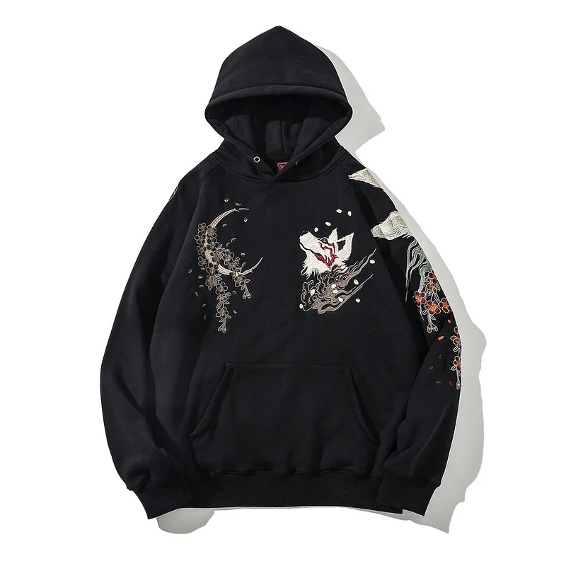 

Japanese Streetwear Hoodie Hip Hop Sweatshirt Embroidered Fox Hooded 2022 Mens Harajuku Cotton Casual Pullover Black Ropa Hombre