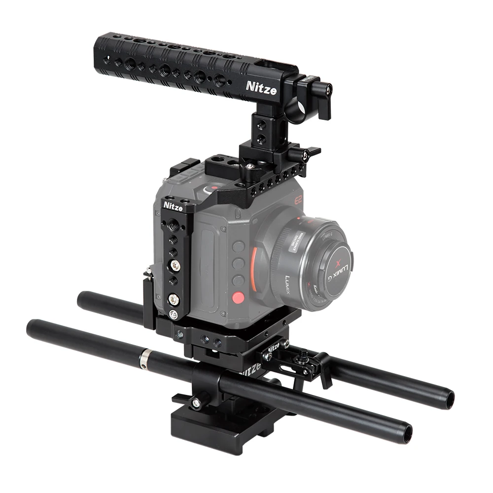 

Nitze Cage Kit for Z Cam E2 with HDMI and USB Cable Clamps, PA14 NATO Handle, N41 Lens Adapter Support, PB09 Baseplate and Rods