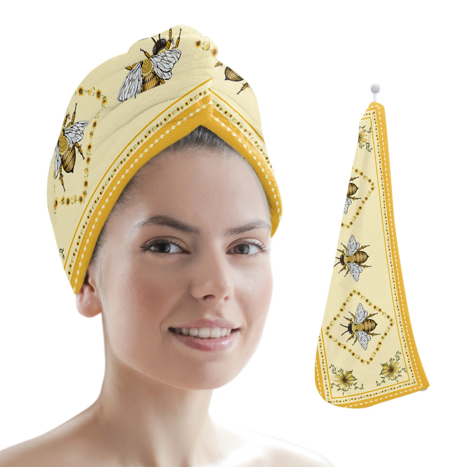

Idyllic Sunflower Bee Women Hair Drying Hat Quick-dry Hair Towel Cap Hat Bath Hat Microfiber Towel Cap